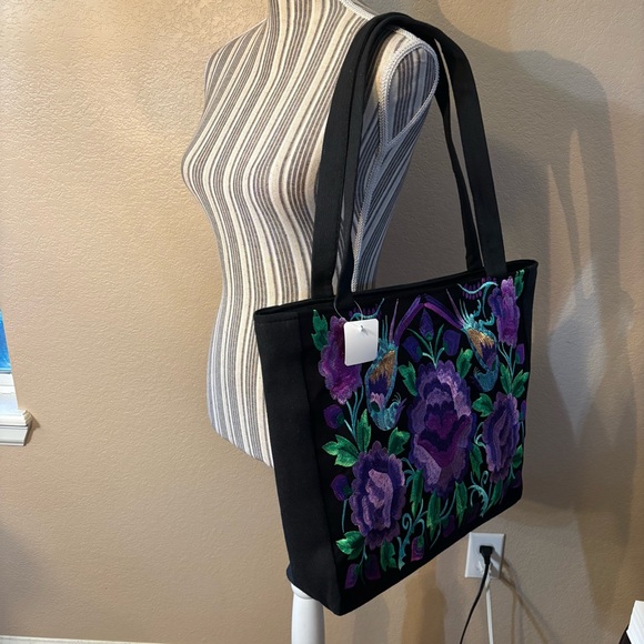 NEW Tote Bag Black Canvas Embroidered Floral Birds Purple Green Teal Zippered - Picture 5 of 16